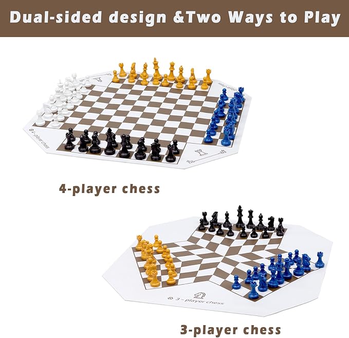 3 or 4 Player Chess Board Game Set,64 Pieces Colorful Chess,Chess Game for Team Chess with a Leather Game Mat