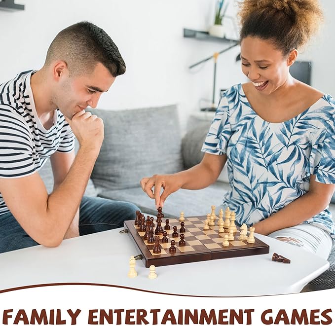 2 in 1 Magnetic Chess Set and Checkers Board Game Set 15" Wooden Folding Chess Board with 2 Extra Queens Travel Chess Sets Family Board Game Gift for Kids, Adults Portable Elegant Classic Chess Game