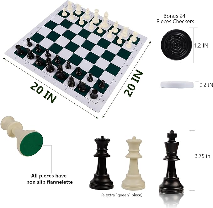 Juegoal 20" Portable Chess & Checkers Set, 2 in 1 Travel Board Games for Kids and Adults, Folding Roll up Chess Game Sets, Extra 26 Checker Pieces, Tournament Thick Mousepad Mat with Storage Bag