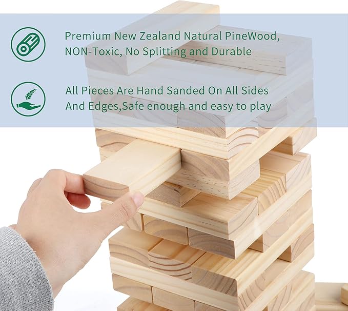 Tumble Tower Set, 54PCS Large Timber Game with Storage Bag, Wooden Stacking Games for Kids Adults and Family, Outdoor and Indoor Play