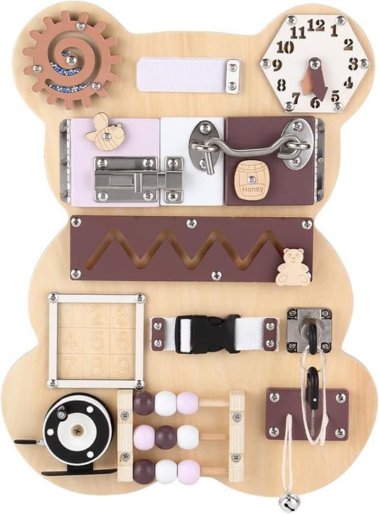 Busy Board Bear for Toddlers 1-3, Montessori Sensory Board - Busy Boards, Montessori Toys for Kid’s Development with 11 Activities: Numbers, Keys, Locks, Latches, Zipper, and Velcro
