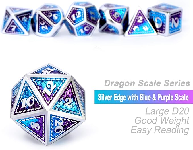 Dragon Scale Metal Dice Set D&D, DNDND 7 PCS Metallic Dungeons and Dragons with Gift Metal Case DND Dice (Blue and Purple with Silver Edge)