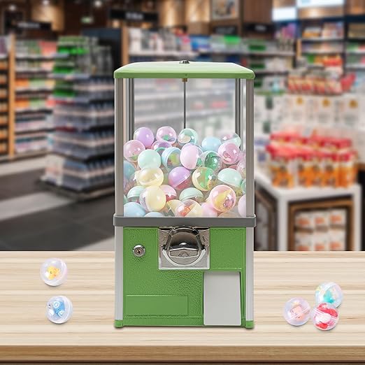 Gumball Vending Machine, Big Bubble Candy Dispenser Machine Candy Gumball Machine Bank, 2 25 Cent Coins Each Side, 1.77in Capsule Toys, Gum Ball Vending Machines for 25 Cent Coin Only (Green)