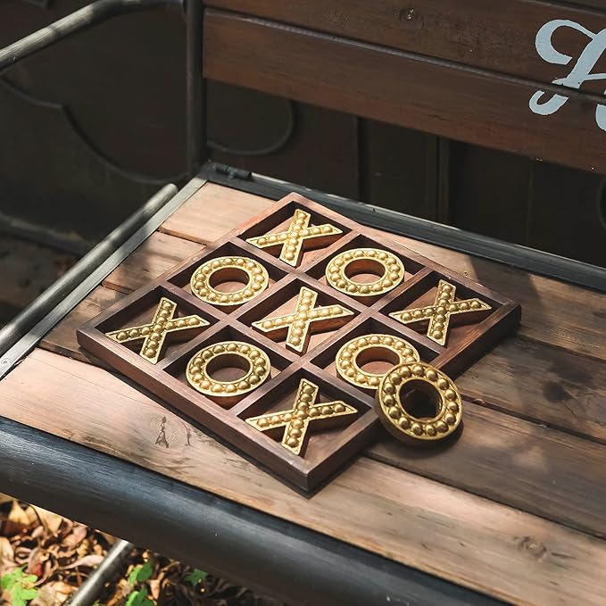 NIKKY HOME Tic Tac Toe Game Coffee Table Decor, 10.6 Inch Rustic Wooden Board, Gold