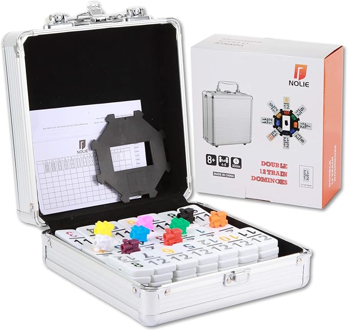 NOLIE Mexican Train Dominoes Game, Double 12 Dominoes Set, Colored Number Dominoes with Aluminum Case