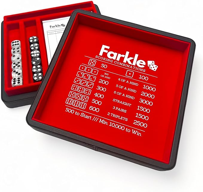 Luck Lab Farkle Dice Tray and Storage Case - Includes Embedded Scoring Combinations, 2 Sets of 6 Pearl Dice, 40 Sheet Score Pad and Pen Holder for The Classic Family Game (Red)