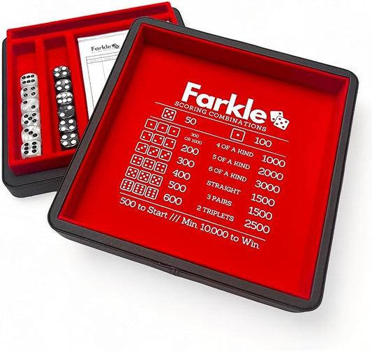 Luck Lab Farkle Dice Tray and Storage Case - Includes Embedded Scoring Combinations, 2 Sets of 6 Pearl Dice, 40 Sheet Score Pad and Pen Holder for The Classic Family Game (Red)