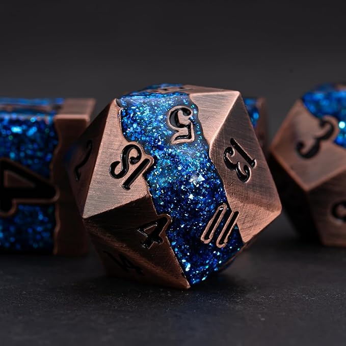 Metal DND Polyhedral Dice,Large Stripe Glitter Metallic Dice Set,Antique Silver Dice 7pcs Set for Role Playing Games(Antique Copper Blue)