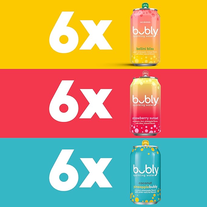 bubly Sparkling Water, 3 Flavor Variety Pack (Bellini, Strawberry Sunset, Coconut Pineapple), Zero Sugar & Zero Calories, 12 Fl Oz Cans (Pack of 18)