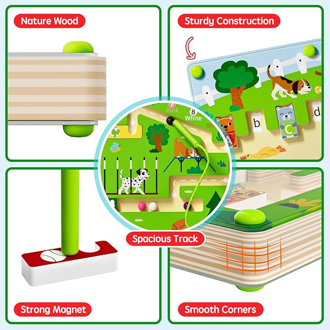 2 in 1 Magnetic Color and Number Maze Magnet Alphabet Counting Dog Puzzle Double Sided Board Fine Motor Skills Montessori Educational Preschool Toys for Boys and Girls 3-5 Age (Wood, One Size)