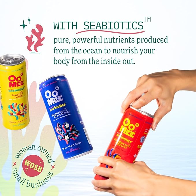 OoMee Prebiotic Drink | Peach & Lemon | Plant-Based Vegan Beverage with Marine-Sourced Agar Prebiotics (Seabiotics) for Digestive & Gut Health Functional Drink – 12oz Cans, 12-Pack