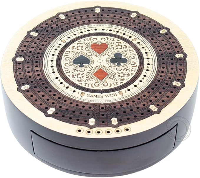 Round Shape 3 Track Non-Continuous Cribbage Board - Push Drawer Storage for Pegs and 1 Deck of Cards with Score Marking Fields for Won Games (Maple Wood/Rosewood)
