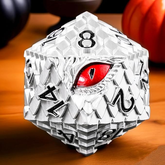 Metal D20 DND Dice Set - Dragon Scale Metallic 20 Sided Giant Polyhedral Dice,35mm Large Dragon Eye Metal D&D Dice Set for Dungeons and Dragon Tabletop Game(White Dragon Scale)