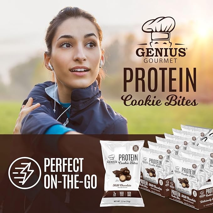 Genius Gourmet Protein Cookie Bites Milk Chocolate - 10g Protein, No Added Sugar, Low Carb, Non-GMO - Sweet Protein Desserts & Protein Snacks for Adults and Kids - 12 Bags