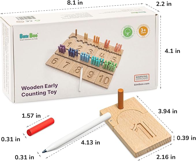 Bimi Boo Counting Peg Boards and Number Tracing for Kids - Wooden Montessori Math Toy for Toddlers and Preschoolers - Math Manipulatives for Kindergarten (55 Pegs, 10 Boards, 1 Pen)