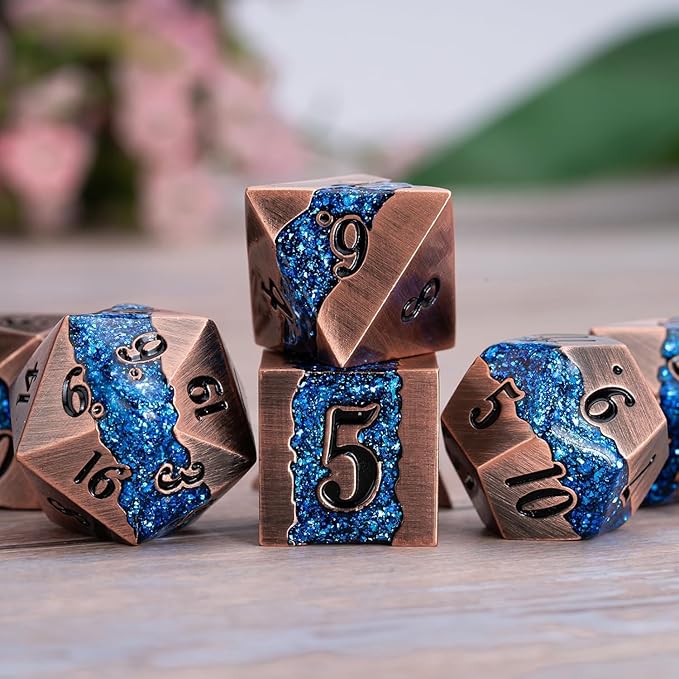 Metal DND Polyhedral Dice,Large Stripe Glitter Metallic Dice Set,Antique Silver Dice 7pcs Set for Role Playing Games(Antique Copper Blue)