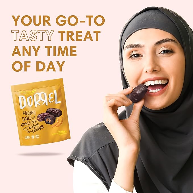 Dorrel Belgian Dark Chocolate Covered Medjool Dates Stuffed with candied orange peel, High-Energy Source, Nutritious and Sweet Snacks, Non-GMO, Kosher, 1 Pack