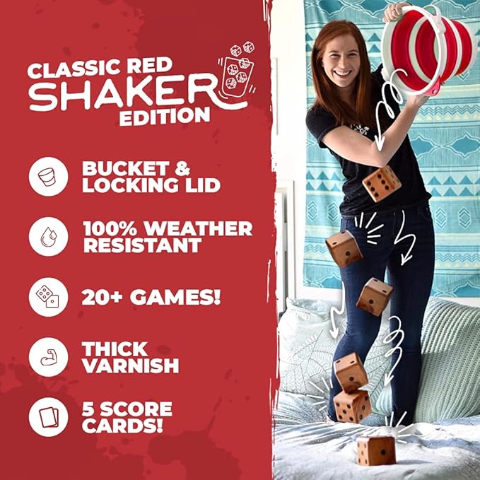 SWOOC Games - Yardzee, Farkle & 20+ Games - Classic Red Shaker Edition (All Weather) - Yard Dice Game Set with Red Collapsible Bucket, Lid, 5 Big Laminated Score Cards & Marker - Outdoor Yard Game