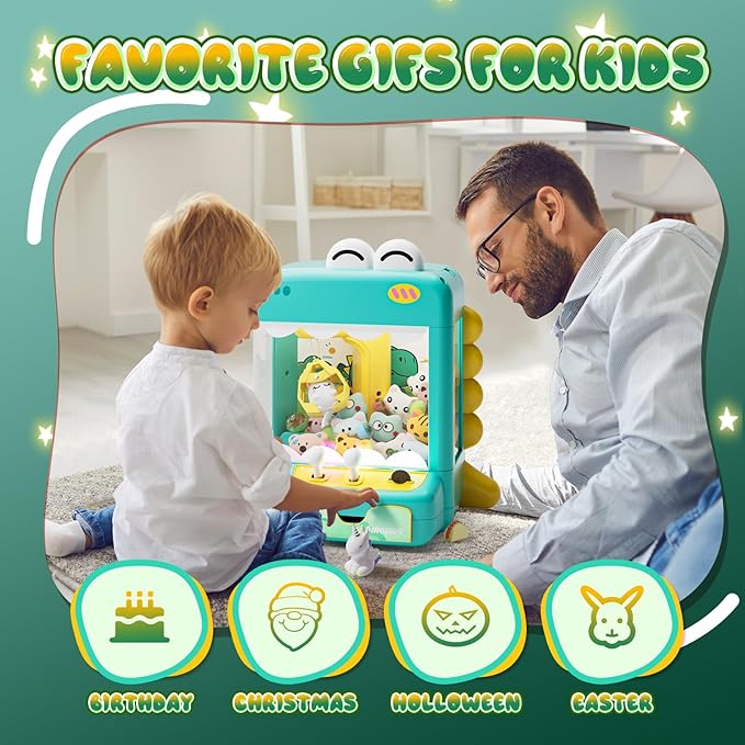 Skirfy Dinosuar Claw Machine, Mini Vending Machine with Lights & Music, Adjustable Sound, Candy and Electronic Prize Dispenser, Includes 45 Toys, Candy and Birthday Gift for Kids Boys