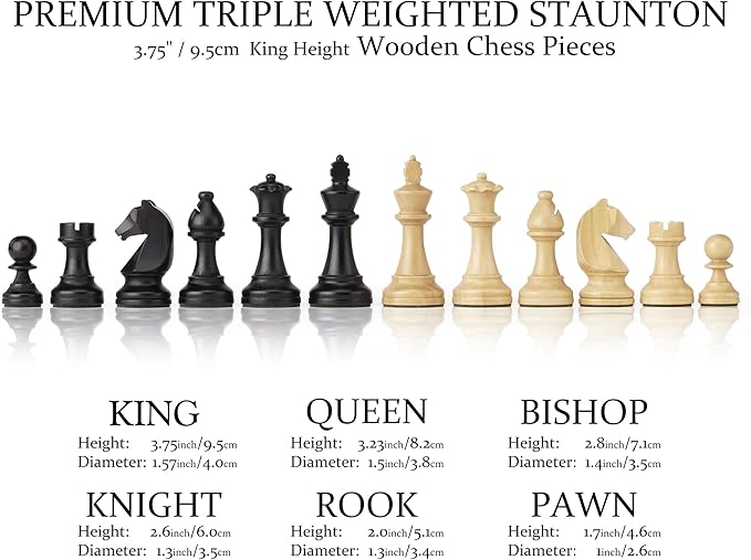 A&A Premium Triple Weighted Staunton Wooden Chess Pieces w/ 2 Extra Queen - King Height 3.75"/9.5cm / 2 Storage Bags