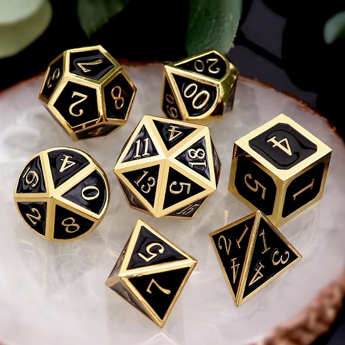 Haxtec DND Metal Dice Set D&D Dice for Dungeons and Dragons Roleplaying Games-Glossy Enamel Dice (Gold Black)