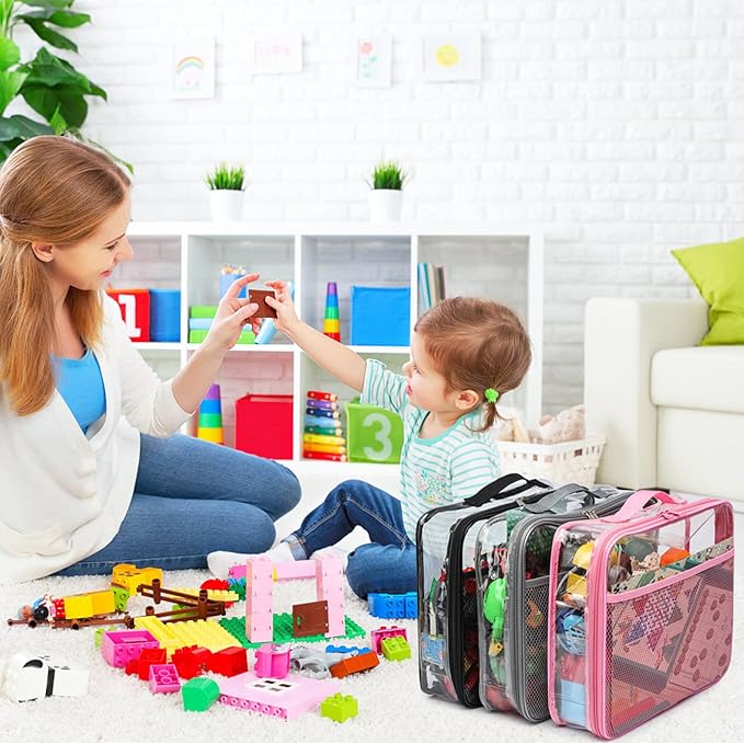4 Pack Clear PVC Waterproof Toy Storage Bags with Name Tag Pockets - Zippered Organizer for 2x4 Building Blocks, Puzzles, Travel Toiletries, Kids Room Organization (Black, S & M)