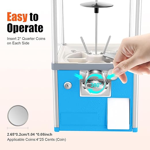 Gumball Vending Machine, Big Bubble Candy Dispenser Machine Candy Gumball Machine Bank, 2 25 Cent Coins Per Side, 1.77in Capsule Toys, Gum Ball Vending Machines for 25 Cent Coin Only (Blue)