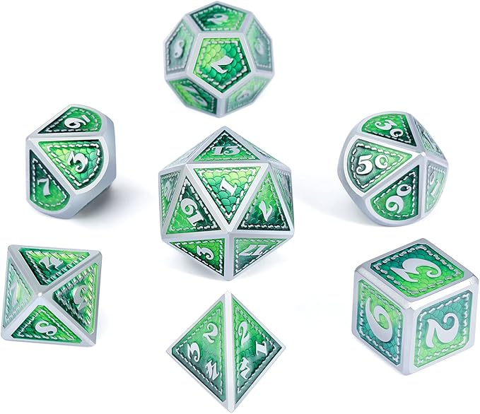 DND Metal Dice Set with Gift Metal Tin DNDND Metallic Dungeons and Dragons Dice Set for D&D Game (Neno Green & Green with Matt Silver Edge)