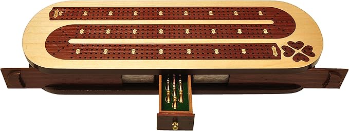 PALM ROYAL HANDICRAFTS 4 Track Wooden Cribbage Board Set Inlaid in Rose Wood and Maple Wood with pegs and Cards. Storage Available. 4 Player Cribbage Board (15 x 5 Inches)