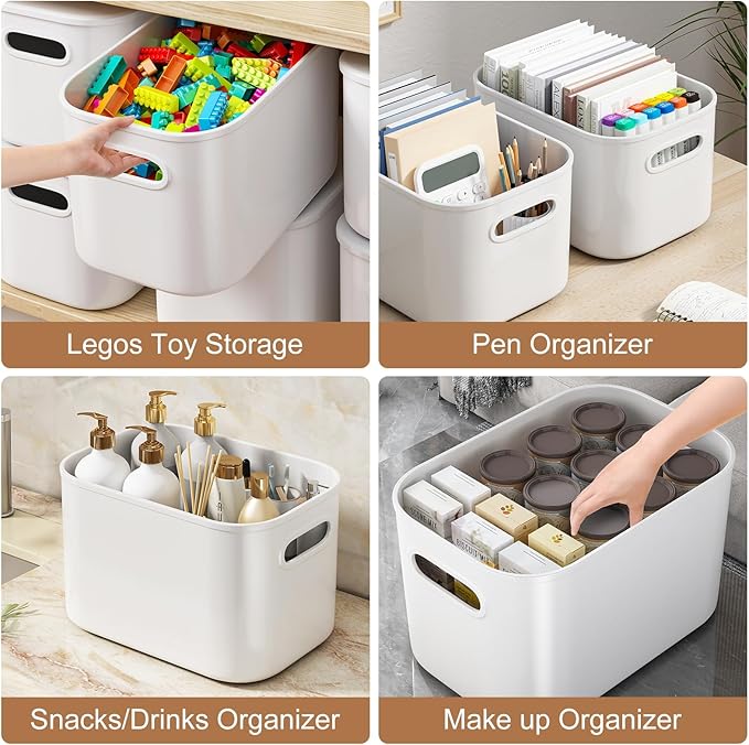 6 Pack White Storage Bins with Lids Stackable Storage Container for Organizing, Storage Boxes with Handle for Shelves, Cute Organizer Bins for Craft, Snacks, 9.85x6.9x5.7 inch