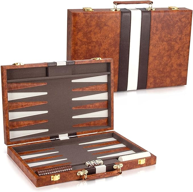 AMEROUS Backgammon Set, 15 Inches Classic Board Game with Leather Case, Folding Board, Gift Package, Portable Travel Strategy Backgammon Game Set for Adults, Kids (Medium, Brown)