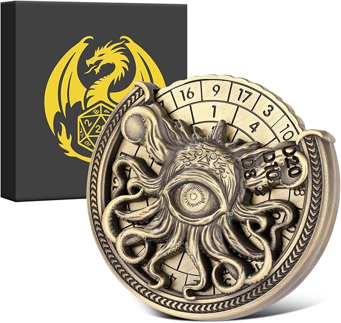 Spinner DND Dice Set, 7-in-1 Metallic D&D Dice, One-Eyed Octopus Roulette Dice Spinner for DND Dice Set, D&D Gifts with Gift Box, Role Playing Game Board Game Accessories, Bronze