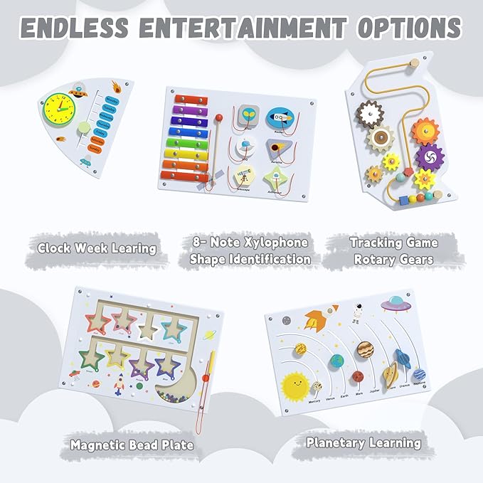 Rocket Sensory Wall Panel for Kids - Montessori Toddler Activity Board, Busy Board Panels, Wall Toys for Toddlers 3, Activity Cube, White Grey