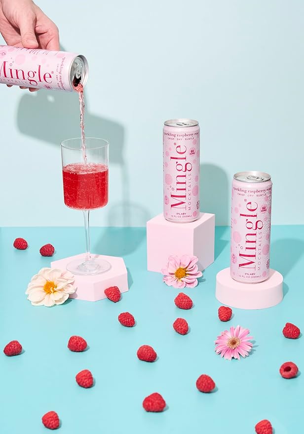 Mingle Mocktails Sparkling Raspberry Rose, Premium Non-Alcoholic Drinks, Refreshing Pre-Mixed Drinks, Healthy Alternatives, Canned Mocktails, 12 fl. oz. Cans, Pack of 24