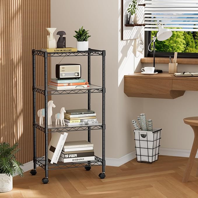Small 4 Tier Shelves Storage Wire Shelving Unit Metal Shelf Adjustable Organizers Storage Shelving with Wheels for Bathroom Laundry Room Kitchen Pantry12”D x 18”W x 44.8”H Black
