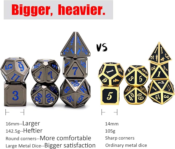 Haxtec Black Metal DND Dice Set D&D W/Gift Metal Case Polyhedral Dice for Dungeons and Dragons TTRPG-Black Blue Numbers