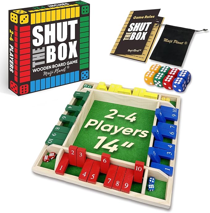 14" Dulexe Upgraded Shut The Box for 2 4 Players Math Family Game Night Quick Dice Game for Party Camp Bar Travel Class School Wooden Table Top Board Game for Adults Kids Couple Elder