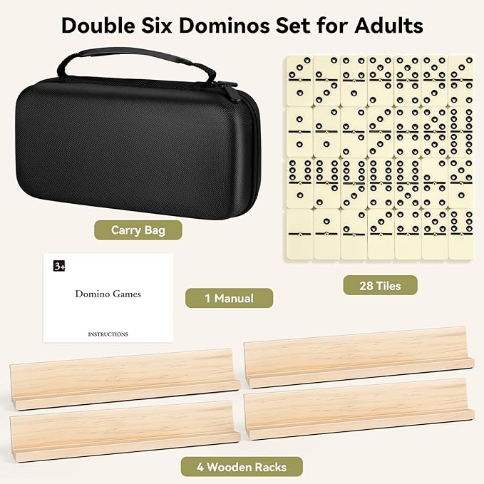 BATURU Double 6 Dominos Set for Adults with 28 Tiles, Durable Dominoes Game Set with 4 Racks and Carry Case, Fun Dominos for Kids, Family Games Night, Travel Games