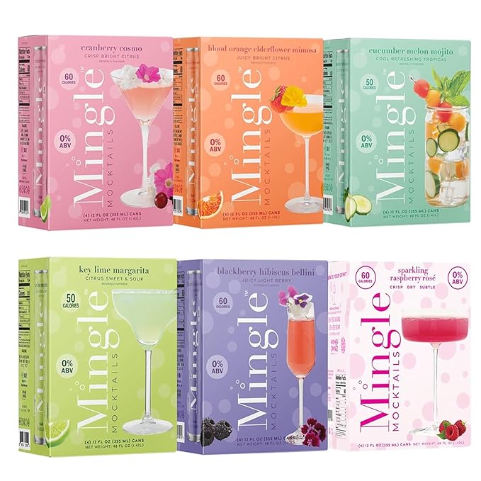 Mingle Mocktails - Blackberry Hibiscus Bellini, Cranberry Cosmo, Key Lime Margarita, Blood Orange Elderflower Mimosa, Cucumber Melon Mojito, Sparkling Raspberry Rose, Variety Pack, Premium Non Alcoholic Cocktails,12 FL OZ Cans (24 Pack Cans)