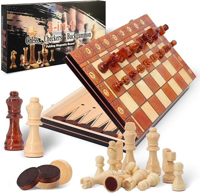 15.4" 3-in-1 Magnetic Chess, Checkers, and Backgammon Set - Extra Queens - Wooden portable and foldable Board game, Travel Game Set for Adults, Kids and Elder - Gift for parents and children