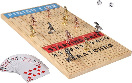 Large 21 inches Horse Racing Board Game Thickened Solid Wood with 11 Luxurious Durable Classic Metal Horses Including Dice and Cards Finish LINE Race Game Board Racing Game Set (Large, Log)