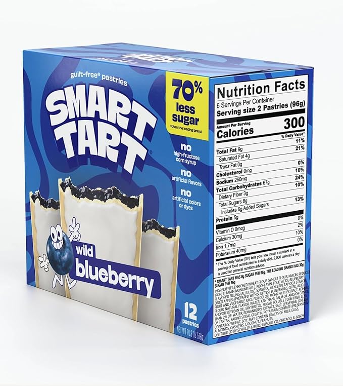 Smart Tart Toaster Pastries Wild Blueberry - Low Sugar Snacks, Healthy Breakfast Pastry, On the Go Snack, Real Fruit Filling - Only 6g Added Sugar - 12 Count