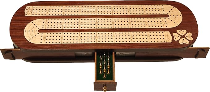 PALM ROYAL HANDICRAFTS 4 Track Wooden Cribbage Board Set Inlaid in Rose Wood and Maple Wood with pegs and Cards. Storage Available. 4 Player Cribbage Board (15 x 5 Inches)