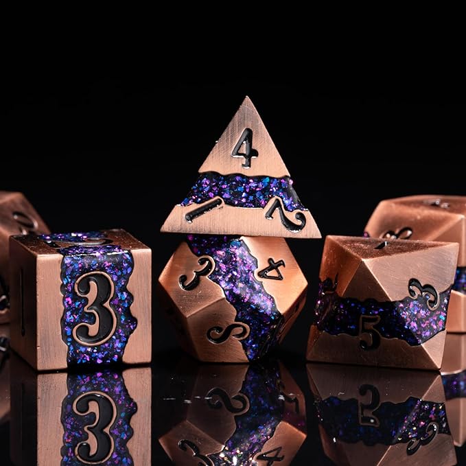 Polyhedral Metal Dice DND,RPG Purple Glitter Stripe Dice Set,Antique Copper Metal Dice Set for Role Playing Games