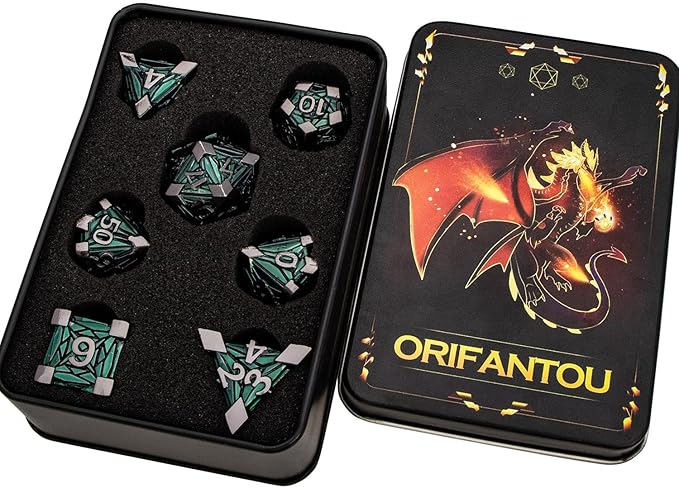 7PCS Metal DND Dice Set with Box, Debris RPG Green D and D Dice for use with D&D Tabletop Games Role Playing Game Polyhedral Dice Set D20 D12 D10 D8 D6 D4