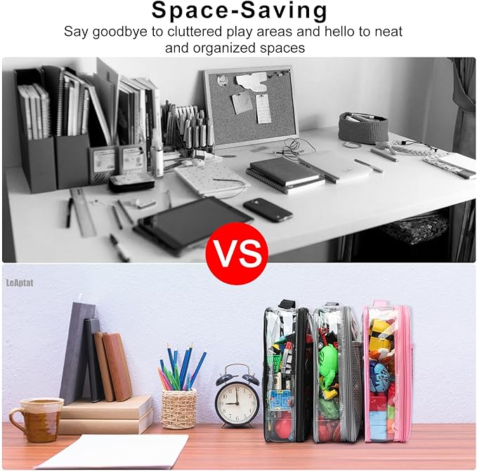 4-Pack Toy Storage Organizer Bags 13.7"L x 2.7"W x 9.7"H | Clear Waterproof Toy Organize for Building Blocks, Puzzles, Board Games | Travel-Friendly with Name Tag & Mesh Pocket (Large, Black)