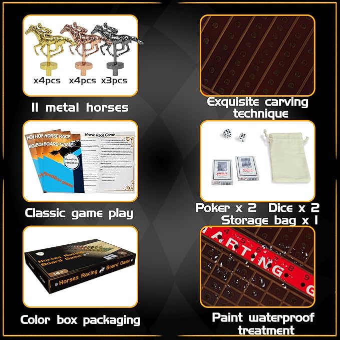 Horse Race Board Game Racing Game Thickened Solid Wood with 11 Luxurious Durable Classic Metal Horses with 4 Dice and 2 Boxes of Cards Horse Racing Game(Small Circular,Walnut) (Walnut)…