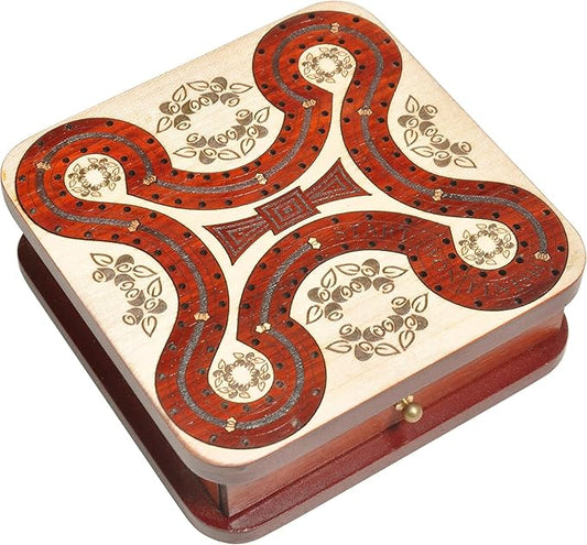 PALM ROYAL HANDICRAFTS 2 Track Wooden Cribbage Board - Two Player Cribbage (60 House) - Alphabet X Track Cribbage Board-2 Decks of Cards and pegs Available (5.5 x 5.5 Inches Small).