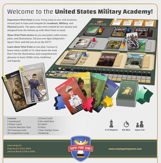 Academy: The West Point Board Game | Officially Licensed Family Board Game | Ages 14+ | for 2 to 4 Players | Average Playtime 60 Minutes | Made by Trophy Point Games