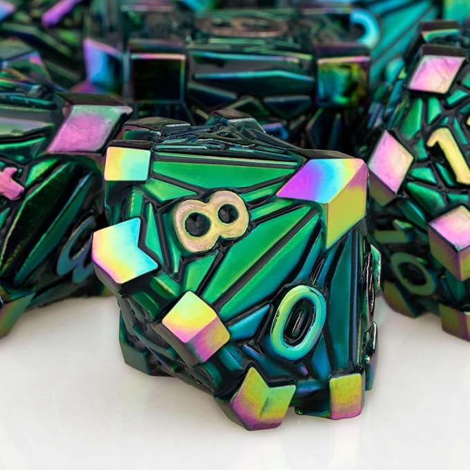 7PCS Metal DND Dice Set with Box, Debris RPG Red D and D Dice for use with D&D Tabletop Games Role Playing Game Polyhedral Dice Set D20 D12 D10 D8 D6 D4